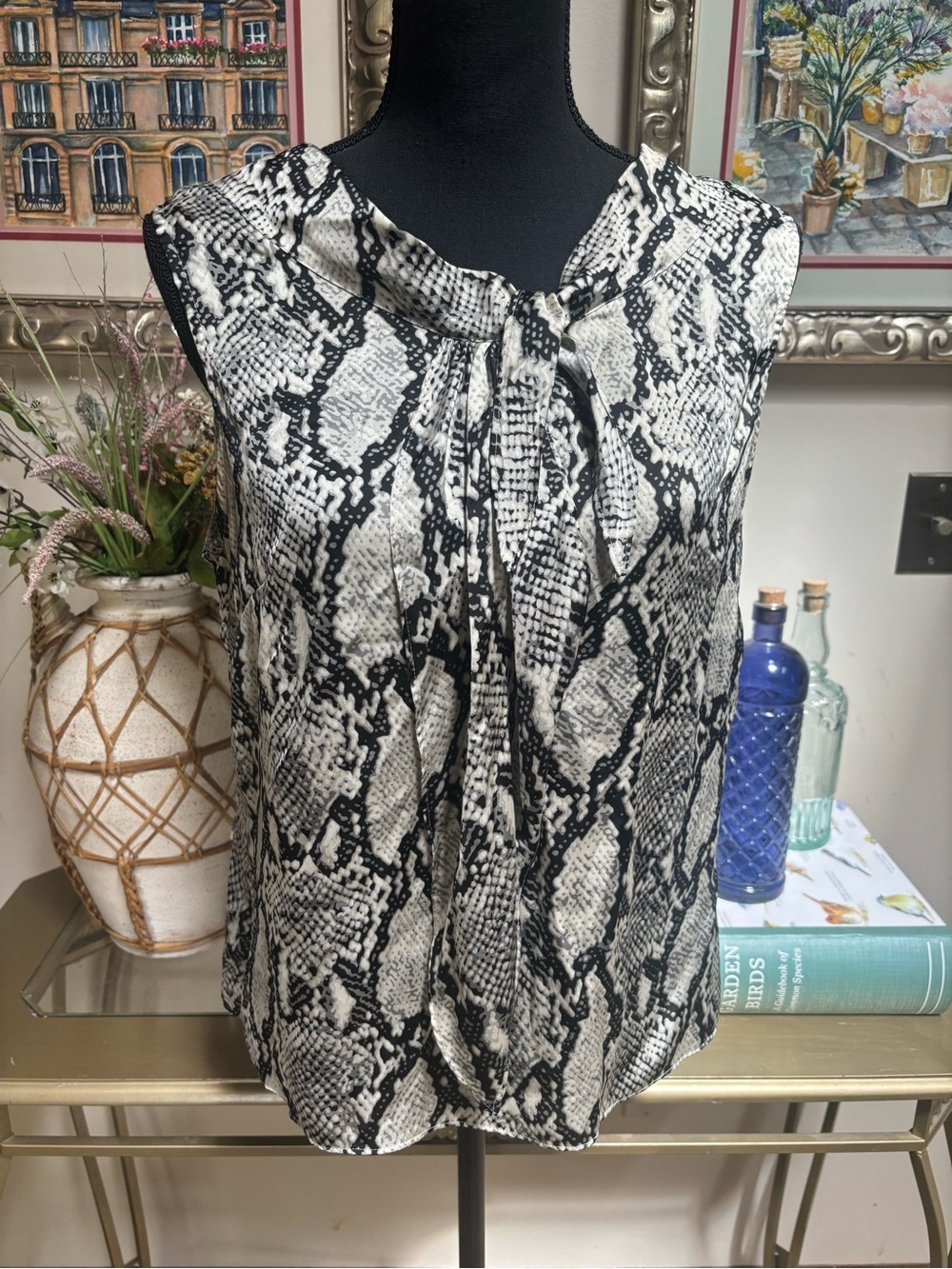 Anne Klein Black & White Snake-Print Tie-Neck Sleeveless Top